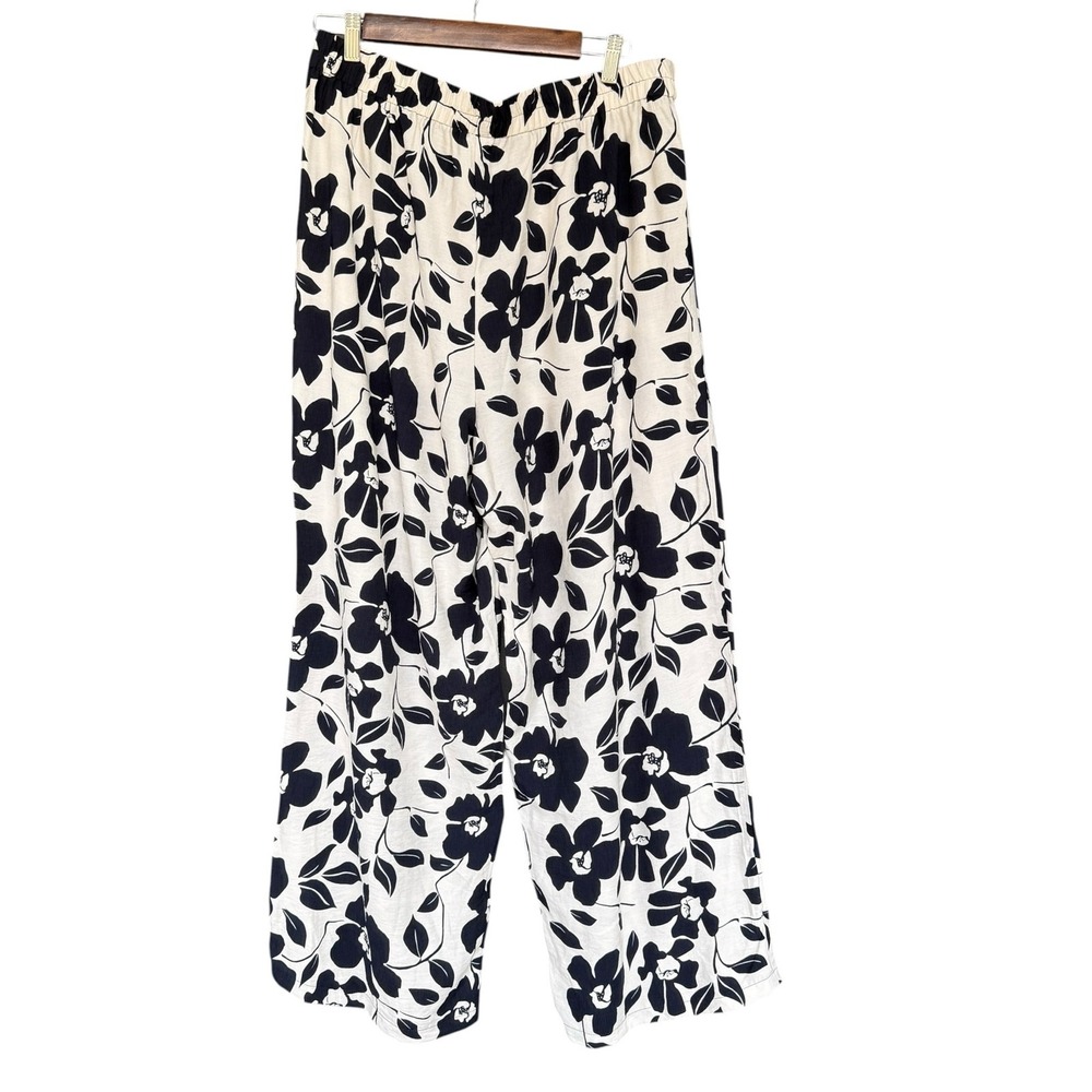 Emery Rose Pants Womens XL White Navy Floral Wide Leg Ankle Elastic Waist Crepe